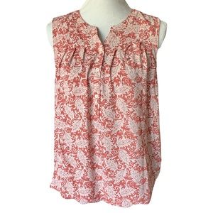 Ann Taylor Loft Coral White Floral Pleated Sleeveless Half Button Chiffon Blouse